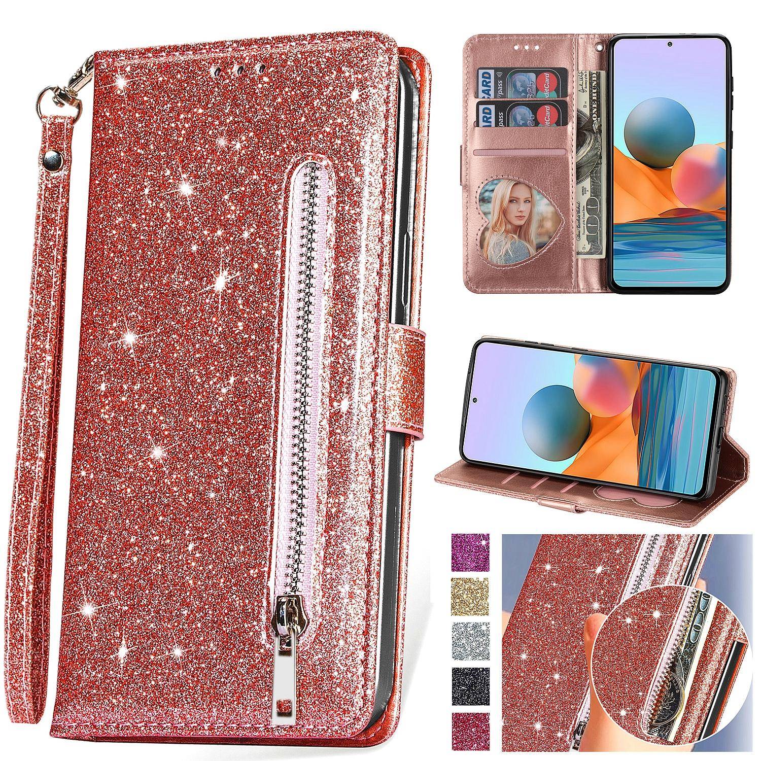 Blixtlås Glittrigt Läderfodral för Xiaomi RedMi Note 15 14 13 Pro Plus 5G 15C 14C 13C 12C Mi 15T Pro Flip Kortplånbok Telefonfodral