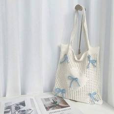 Y2k Bag Baby Pink Bows Pattern Knitted Handbag Foldable Hollow Out Design Crochet Bag Medium Vacation Beige Beach Travel Bag Large Capacity Knitted Ho - Blue