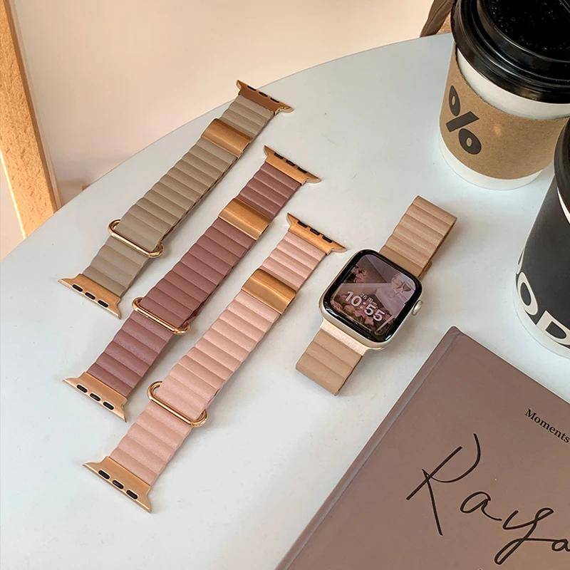 Magnetiskt Läderarmband för Apple Watch 10 Ultra Band 46mm 42mm 49/44mm 40mm 41mm 45mm Dam Loop-armband iWatch Serie 9 8 SE 7 kaffe