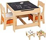 COSTWAY 3-delar Barnstolsgrupp i Trä med Bord och 2 Stolar, 3-i-1 Målarbord och Aktivitetsbord, Barnmöbler för Småbarn 3-7 år, Natur