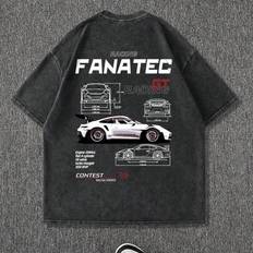 Vintage tvättad &#34;Racing Fanatec&#34; grafisk kortärmad T-shirt med rund hals för män - Svart - L,M,S,XL,XXL