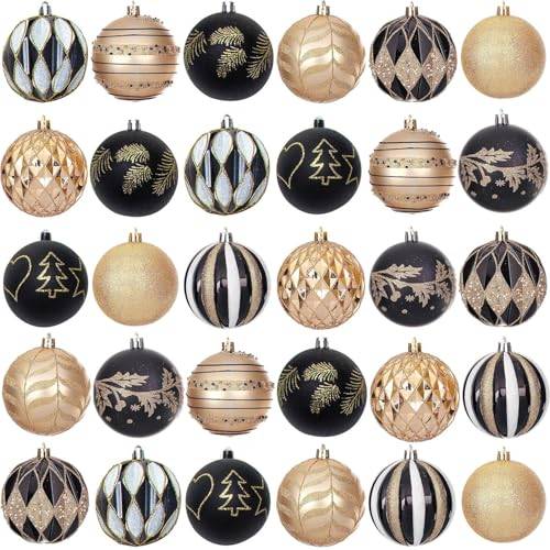Julgransprydnader, dekorationsset, 30 stycken plastjulgranskulor, låda med hängare, julgran, bollar, dekorationer för jul (guld)