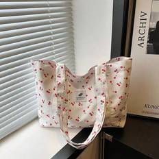 Sweet Pink Cow Pattern Printed Corduroy Warm Winter Shoulder Handheld Tote Shopping Bag, Cherry Element Random Location - Beige - one-size