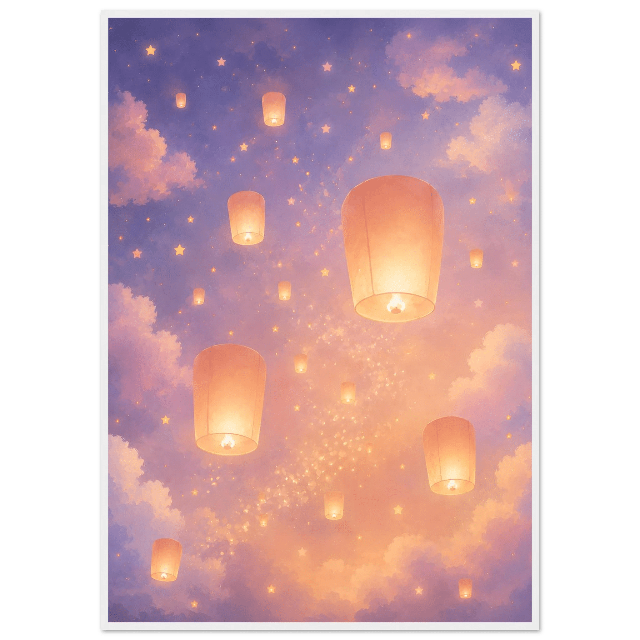 Flygande lyktor poster-70x100 cm / 28x40″ / Med ram / Vit