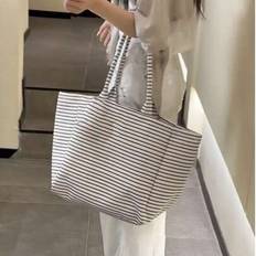 Back To School Korean Style Striped Slouchy Canvas Tote Bag, Large Capacity One Shoulder Student Commuter Shopping Bag For College And High School - Black and White