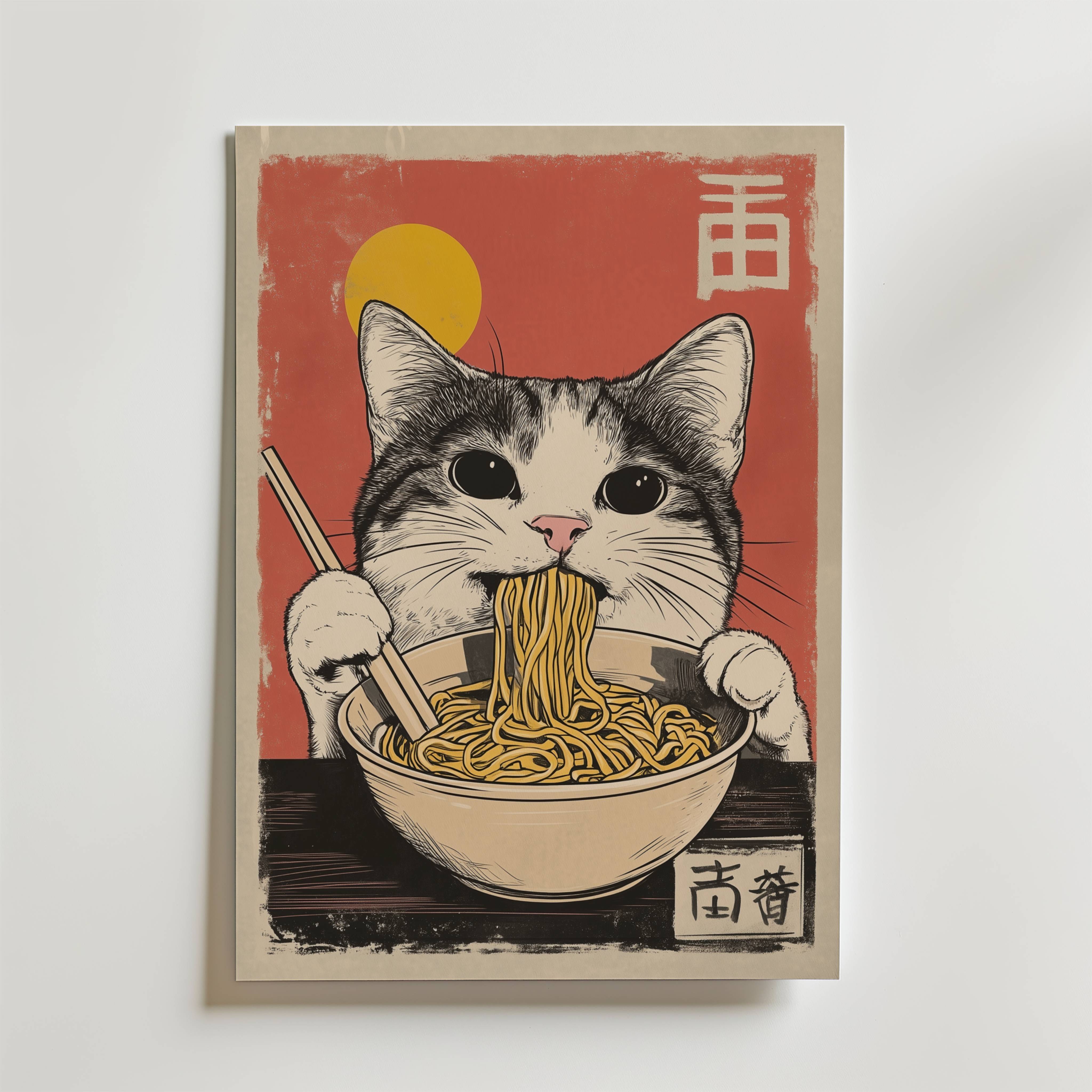 Cat Eats Noodle Poster - Premium Canvas 30x40 cm
