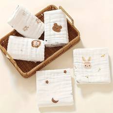 TEMU 5pcs Cute Cartoon Print Baby Towel Set: Soft Face Wash Cloths, Newborn Bath Towels, Essential Handkerchiefs, And Bibs For Kids