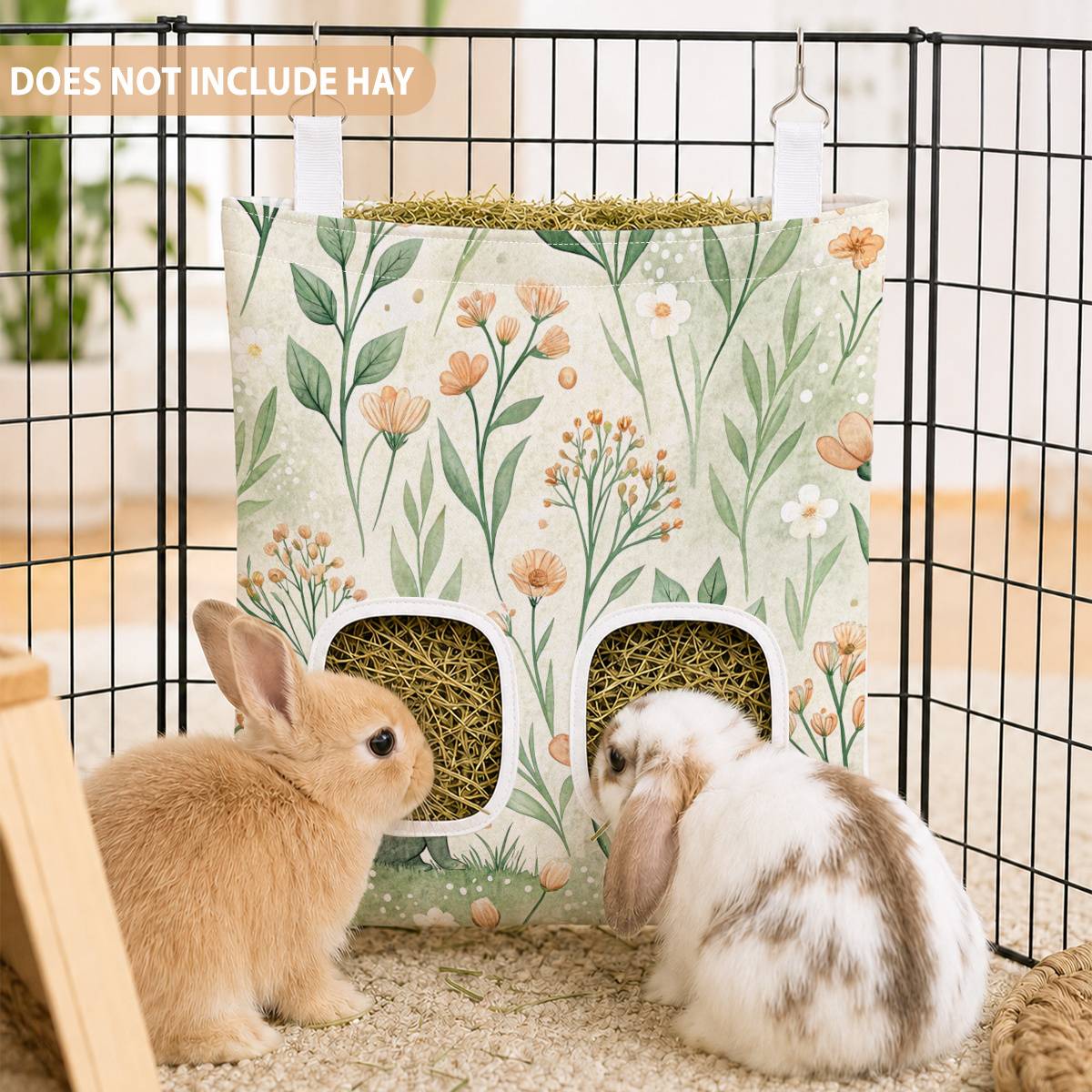 2-hole Hanging Hay Feeder Bowl With Hanging Bag - Cute Suitable For Rabbits, Guinea, Hamsters, Mice - Slow Feed Hay Dispenser For Small Pets Cage Accessory, Hay Feeding System For Cages & Hutches