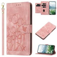 PONRFEKT Mobiltelefonskal för Samsung Galaxy S22 fodral,premium läderfodral skyddande fodral för Samsung Galaxy S22 skal plånbok kortfack ställfunktion vikbart fodral-Rosa