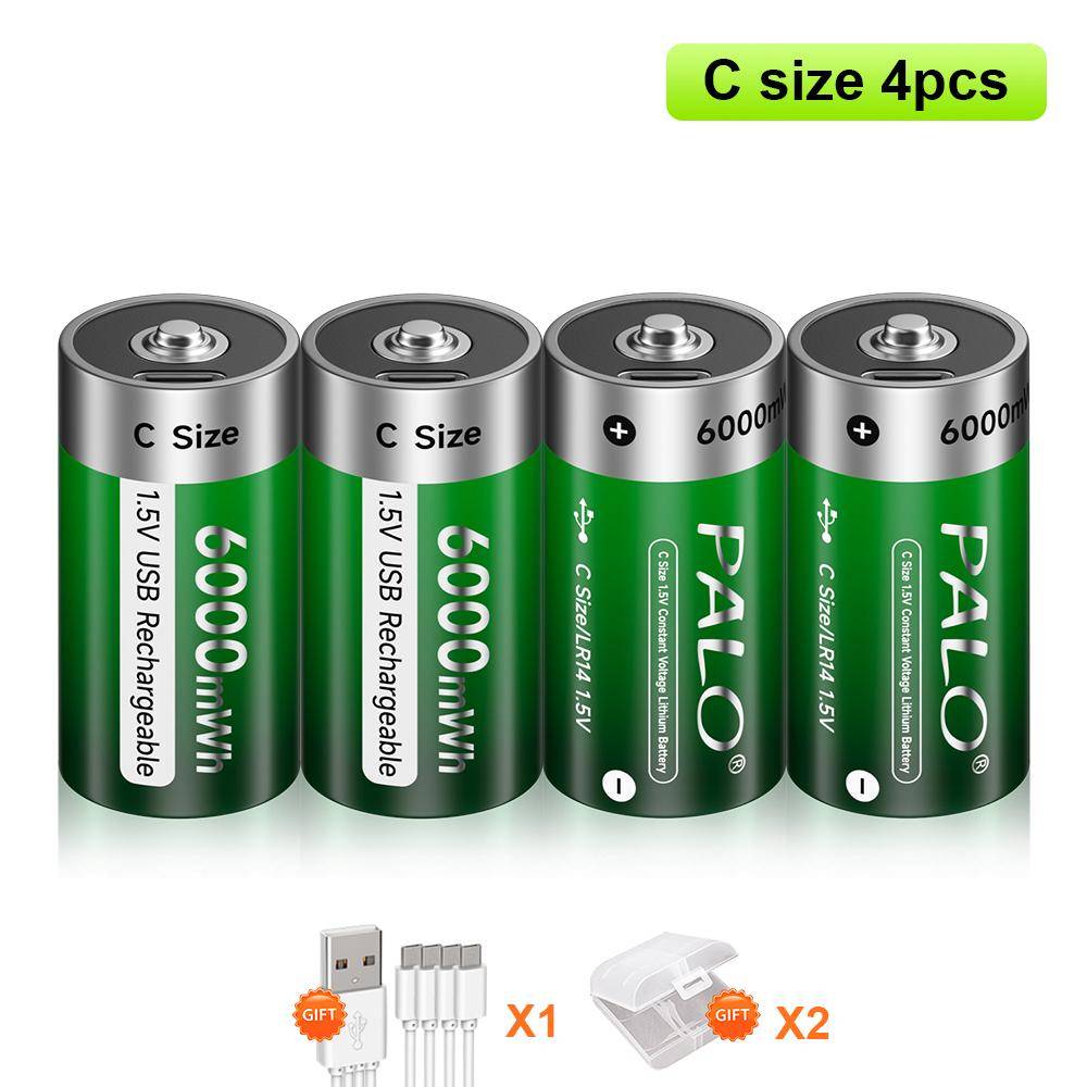 1,5VC 6000 mWh uppladdningsbart batteri typ C USB-laddning R14 LR14 Li-ion C-batteri för ficklampa gasspis