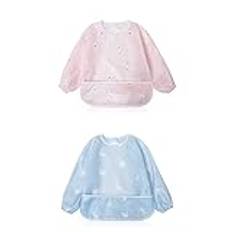Little Dimsum Bib Babybrickor med ärmar, vattentäta och tvättbara bibbar med ärm, babybrickor för småbarn med stor ficka (6-36 månader) - 2 paket