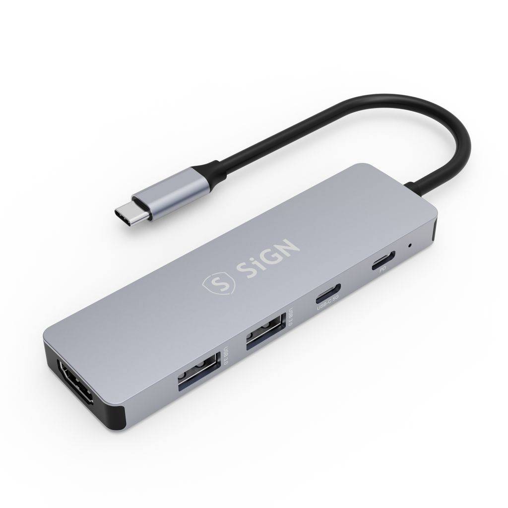 SiGN 5-i-1 Hub USB-C till 2x USB-A + HDMI + USB-C + PD Grå