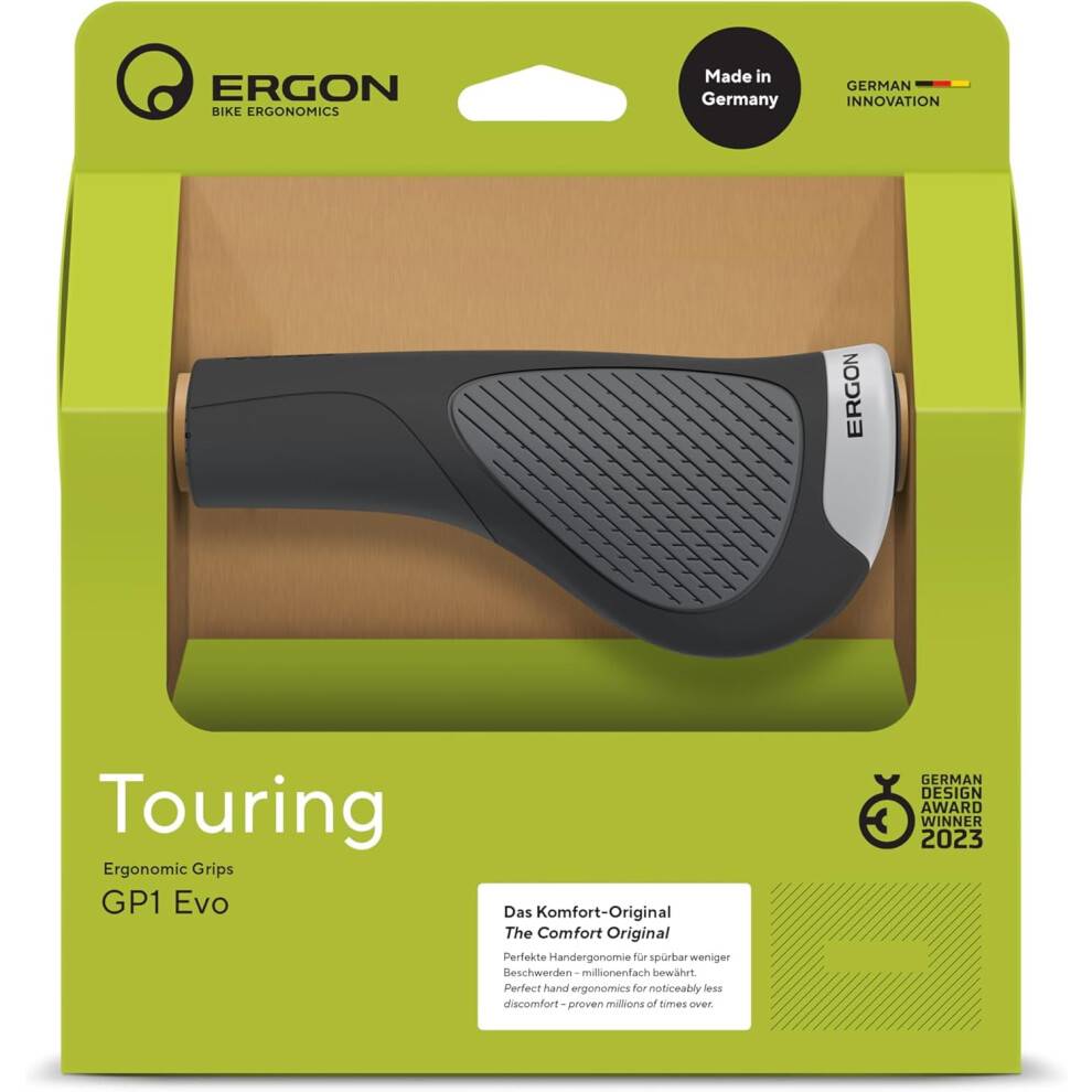 Ergon GP1Evo ergonomiske vingegreb – kompatible med touring, elcykler og pendling | Fremstillet i Tyskland, dobbelt gummi, smedede aluminiumsklemmer