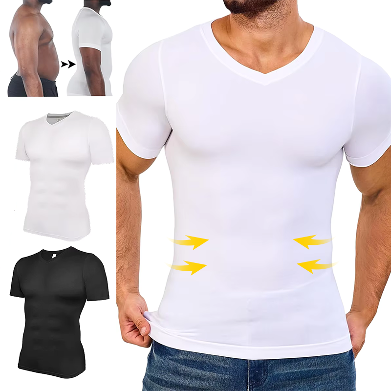 Men V Neck Compression Shirts Short Sleeved Body Shaper Slimming Undershirt Workout Abs Abdomen Tummy Control Shapewear Tops