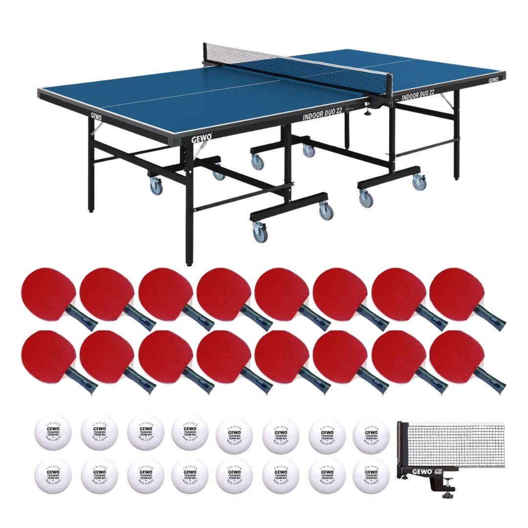 Bordtennis skolesæt - bordtennisbord, 16 bordtennisbat og 144 bolde.