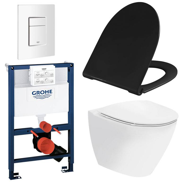 Komplet toiletpakke m/ Ifö vægtoilet, sort sæde og lav Grohe cisterne med hvid trykknap