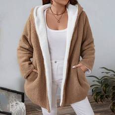 Plus Size Dam Långärmad Huva Fuzzy Casual Lös Jacka Med Fickor, Vinter Huvtröjor Dubbelsidig Pläd Fleece Vinter Dam Kläder Väst Höst Kläder Kläder Vin - Kaki - 0XL,1XL,2XL,3XL,4XL