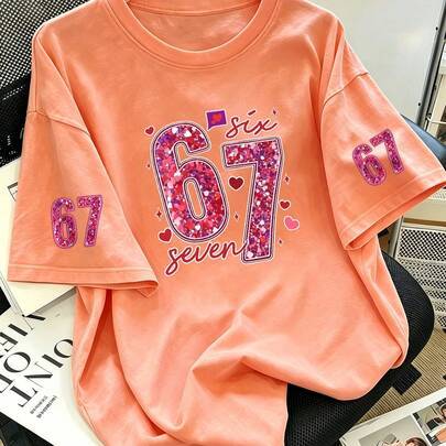 Orange T-shirt för tonårstjejer i coquette-stil, glansigt "67"-nummer och hjärtprint, avslappnad kortärmad tee, söt Y2K sommar streetwear-topp (6Y,7Y,8Y,9Y,10Y,14Y,11Y,12Y,13Y)