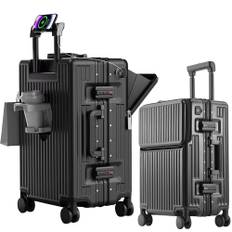 Aluminum Frame Multifunctional Front Open Carry Case with Mobile USB Cup Hidden Hook Ultra 360 Degree Double Aluminum Pure PC Large Equipped with TSA svart