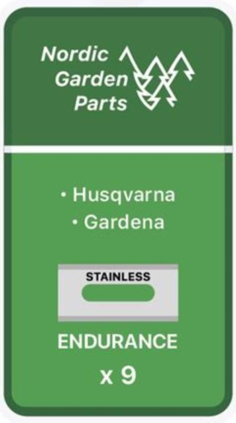 9 x Endurance Knive til Gardena Robotplæneklipper Rustfrit Stål 0,75mm 595 08 44-01 (61-063) inkl. Skruer