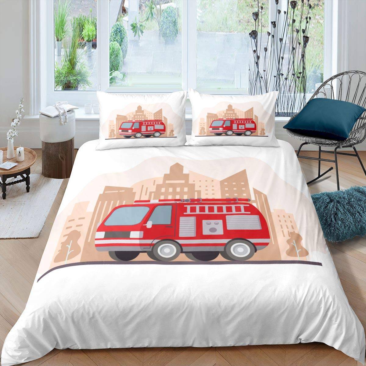 Brandbil Påslakanset Barn Brandmän Bil Fordon Sängkläder Set För Pojkar Brandbil Mönster King Size Täcke Överdrag US Full(200x230cm)
