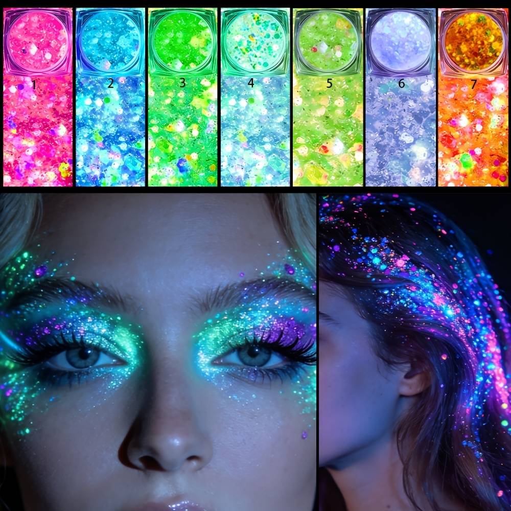 TEMU Glow In The Dark Glitter Gel Water-based Chunky Glitter, Quick Dry Self-adhesive Neon Glitter Body Face Luminous Glitter, Blacklight Holographic For Carnival Edm Festival Outfits Accessories