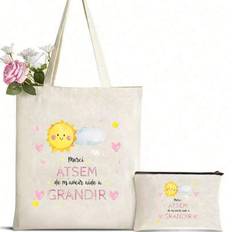 Two Pieces Set, French Pattern Cosmetic Bag - "I Am The Best ATSEM In The World" Makeup Pouch With Zipper Closure, Lightweight Travel Toiletry Organiz - Beige - Two-piece Set,Single Small Package,Single Tote Bag