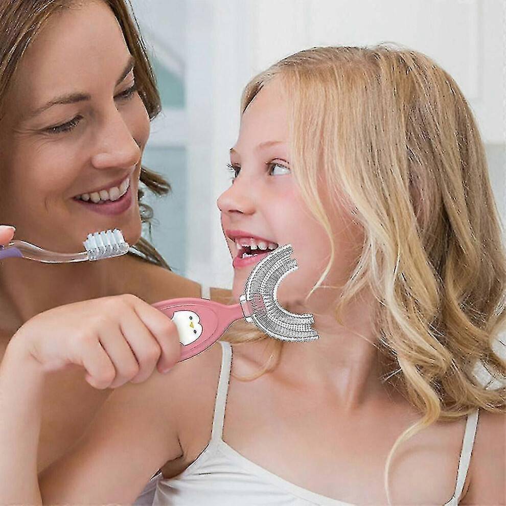 (Large 6-12 Years Old, Pink) children Soft U-shape 360 Thorough Cleansing Toothbrush For Ages 2~12