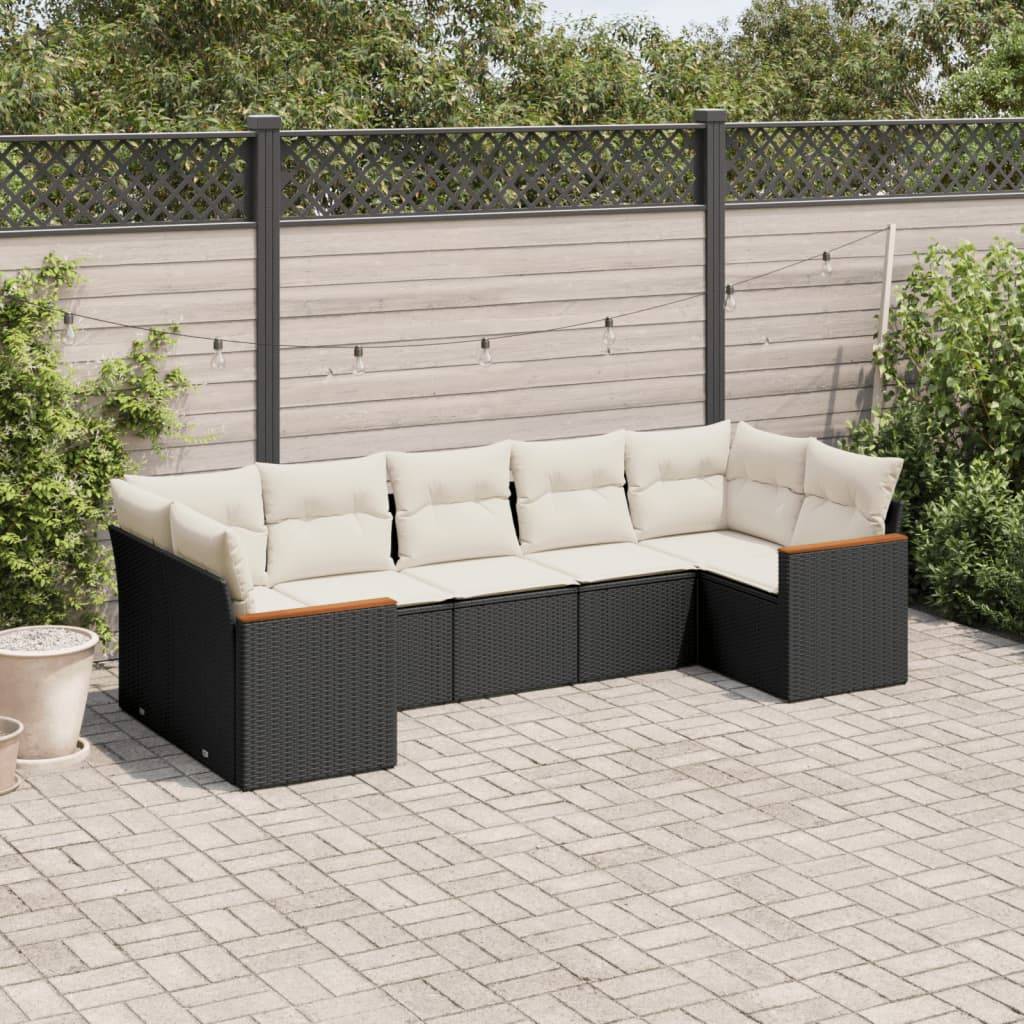 Sofasæt Til Haven 7 Dele Med Hynder Polyrattan - Sort og cremefarvet