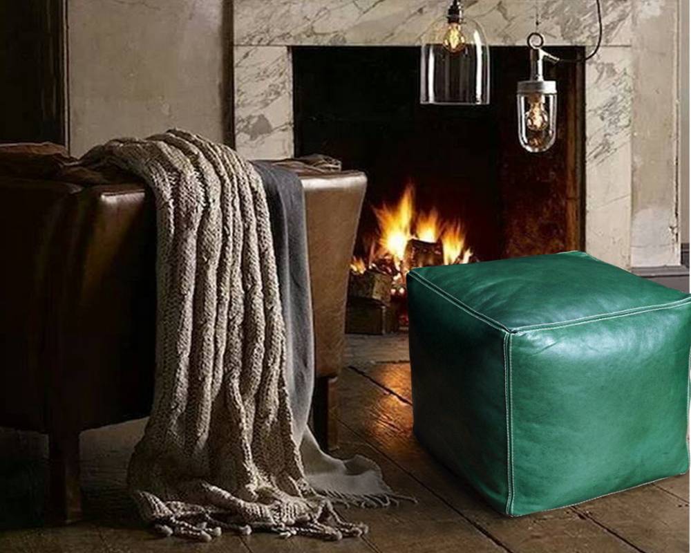 Marockansk läder sittpuff grön Cube - Green (40 x 40 x 40 cm)