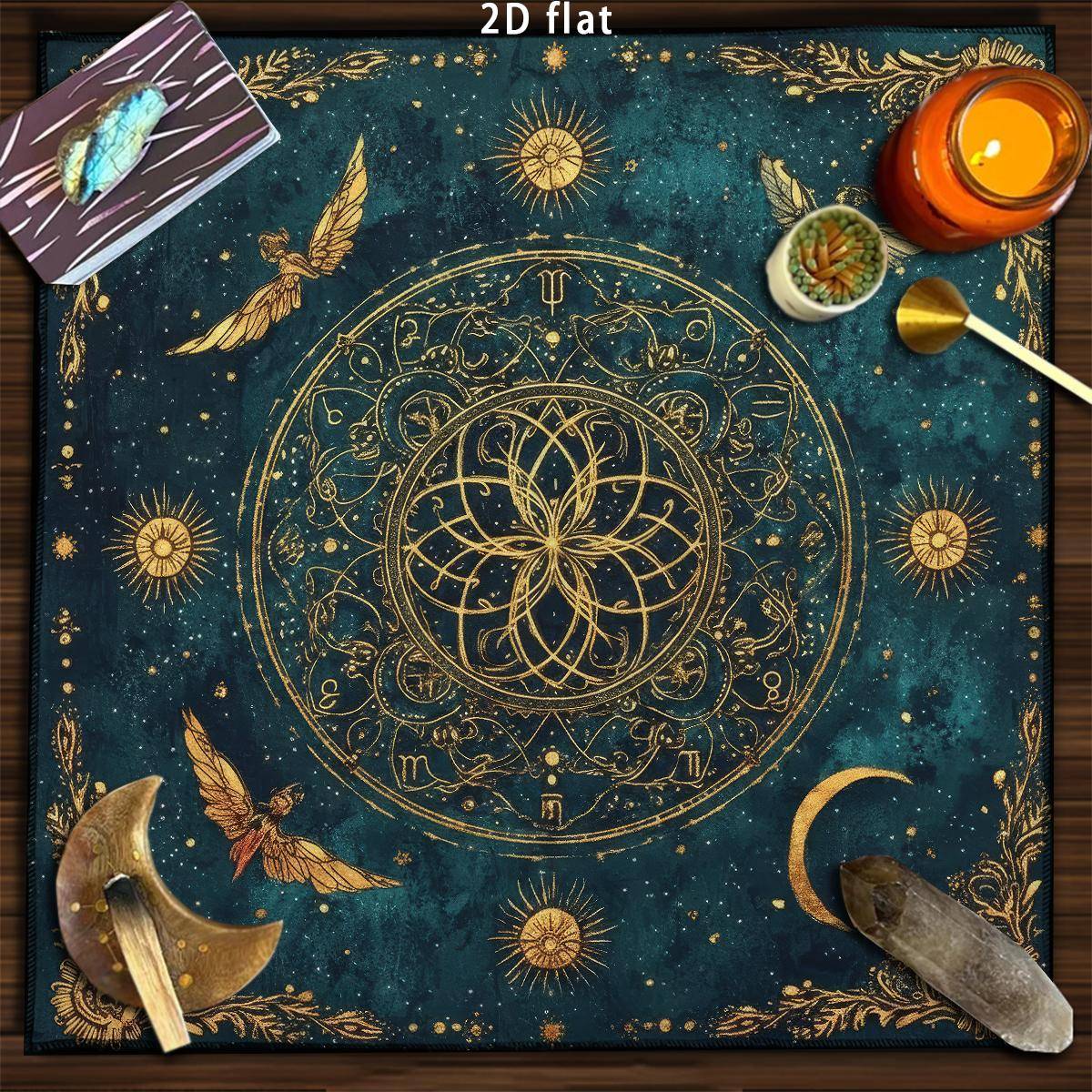 Helig Geometri Livets Blomma Tarotduk Sol Måne Stjärnklar Himmel Spådomsmatta Gyllene Universum Altarduk