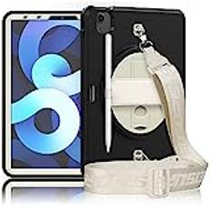 för iPad Air 4 10.9 2020 fodral, slitstarkt stötsäkert skyddande robust fodral, med handrem, stativ, axelrem för iPad Air 4 10,9 tum 2020 för barn, kräm + svart