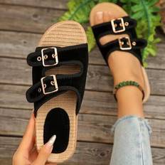2025 Summer New Linne Bottom Strap Slides Sandaler, Anti-sladd inomhus/utomhus dagligt slitage, öppen tå, elastisk rem, lätt och bekvämt, kvinnors str - Svart (CN35-36,CN37-38,CN39-40,CN41-42)