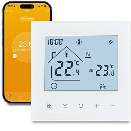Beok Smart Termostat för golvvärme,programmerbar elektrisk golvvärme termostat WiFi för elektrisk golvvärme med sond,kompatibel med Tuya Smart/Google Home/Alexa Echo, max 16A TDR89W-WIFI-EP