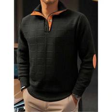Men's Casual Half-Zip Button Hoodie Sweatshirt, Jacquard Knit - Black - L,M,S,XL,XXL,XXXL