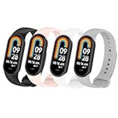 Msksjer 4 stycken armband kompatibla med Xiaomi Mi Band 9/Xiaomi Mi Band 8 för kvinnor och män, mjukt silikon sportarmband för Mi Band 8, svart/grå/vit/rosa