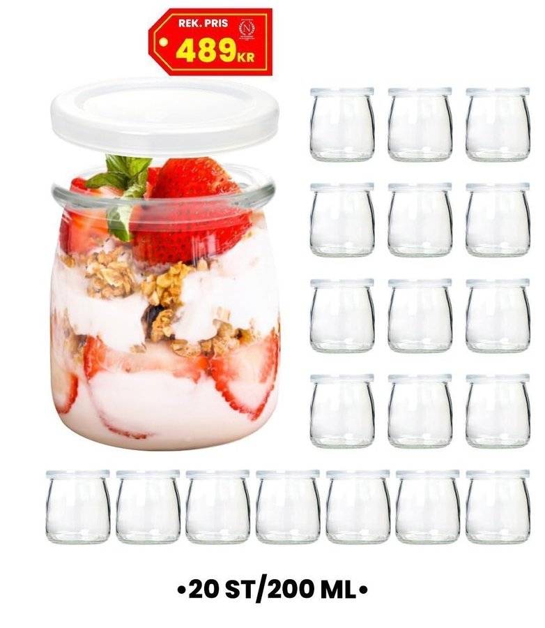 NYTT Paket med 20 st 200 ml glasburkar med lock för sylt, desserter etc • SV-L