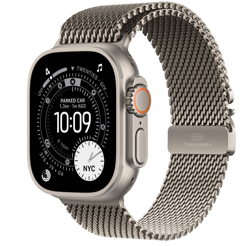 Apple Watch Ultra 3 (GPS + Cellular) • Titanboett naturlig, 49 mm • Milanesisk loop naturligt titan – L