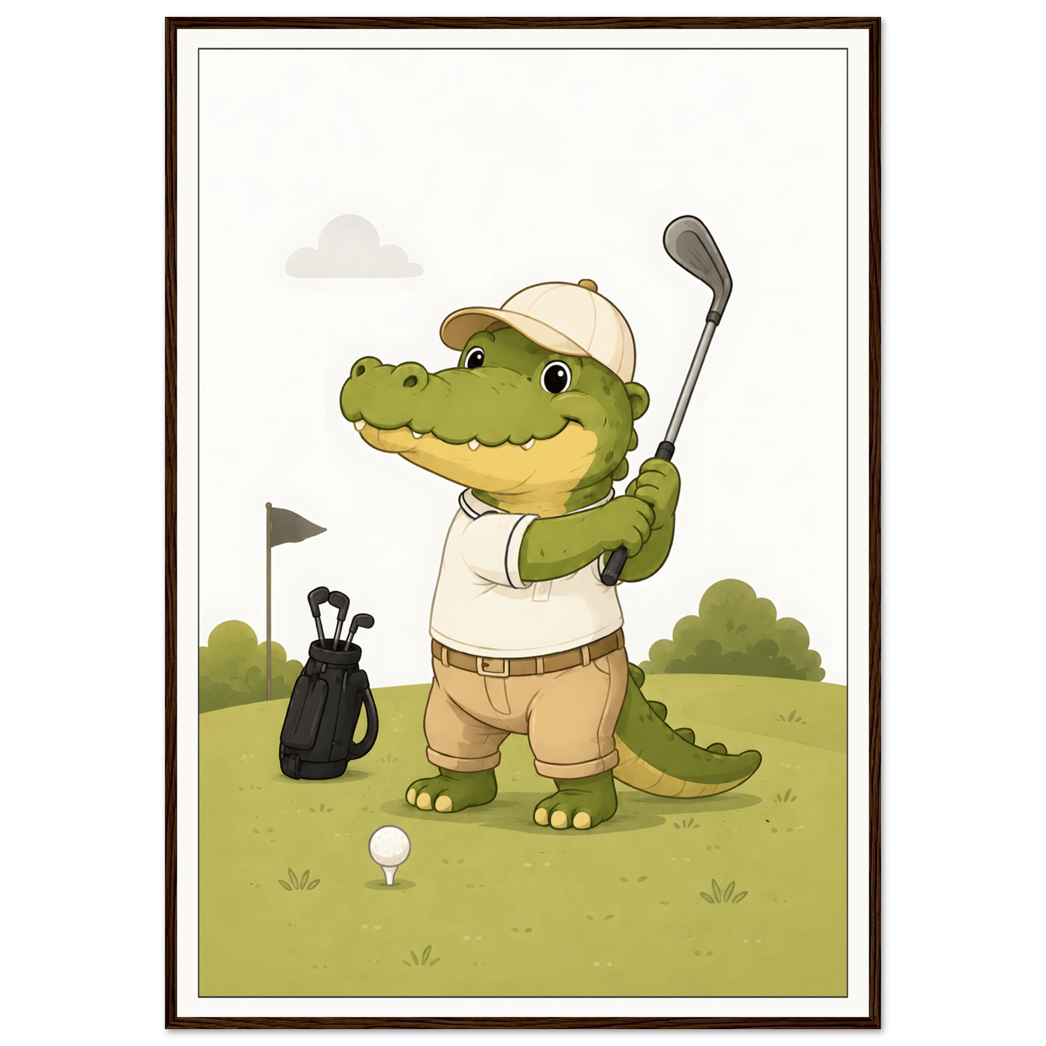 Krokodil spelar golf-70x100 cm / 28x40″ / Med ram / Mörkt trä