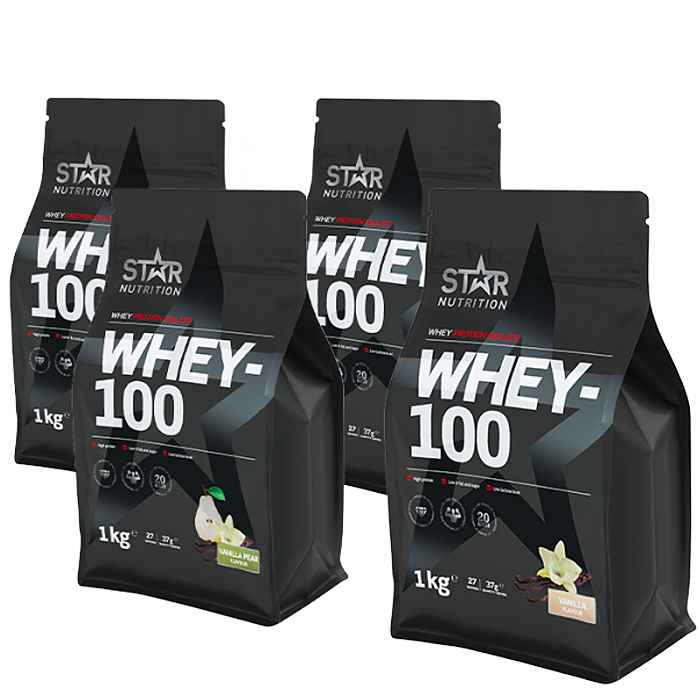 Star Nutrition Mix&Match: 4 x Whey-100 Valleprotein 1 kg - Bodyman.dk