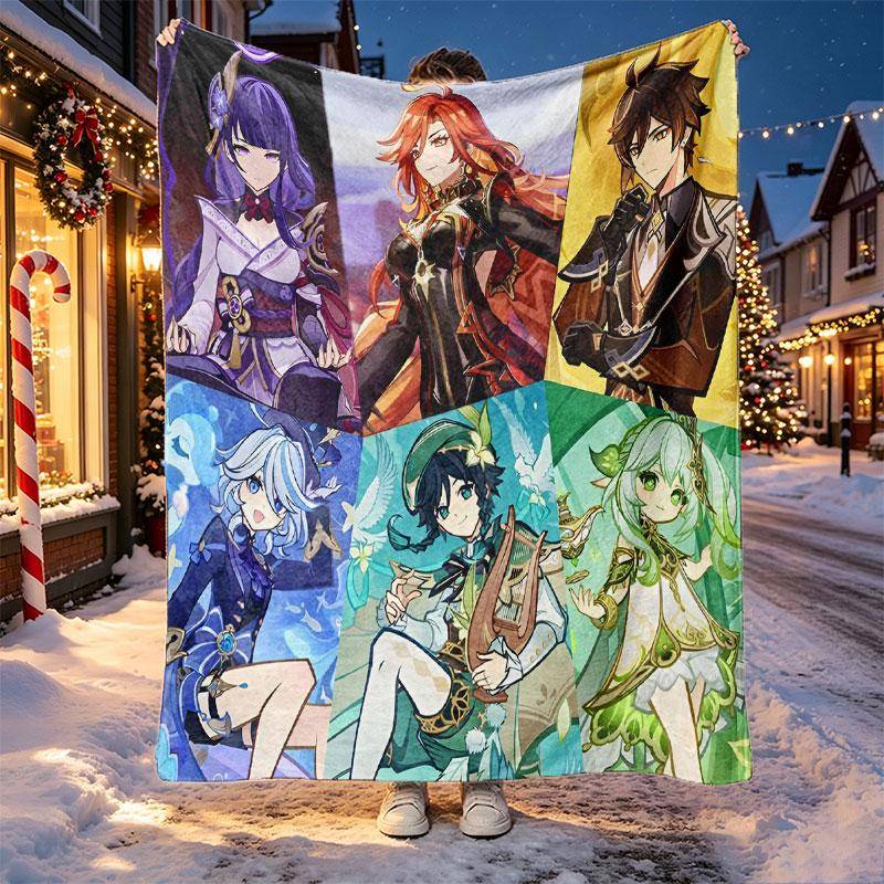 Genshin Impact Pattern Blanket for Home Decoration, Bed, Sofa, Car Travel, Camping, Suitable for All Seasons, Birthday Christmas Gift