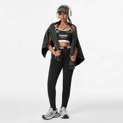 Kvinnors Casual Lettered Band Fodrade Leggings för höst/vinter - Svart (L,M,S,XS)