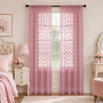 1 st eller 2 st COSENNATUR vattenmelonrosa prickig tunn gardin med små pom-poms, köksgardin för litet fönster, gardinstångsfäste upptill, lätt att hän - Vattenmelonsrosa (Multi-size)