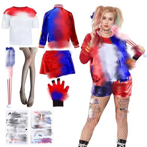 Luclay HK Cos Quinn Kostüm für Erwachsene Mädchen - Damen Karneval Bösewicht Faschings Cosplay mit Jacke T-Shirt Shorts Tattoo Handschuh Netzstrümpfe für Halloween
