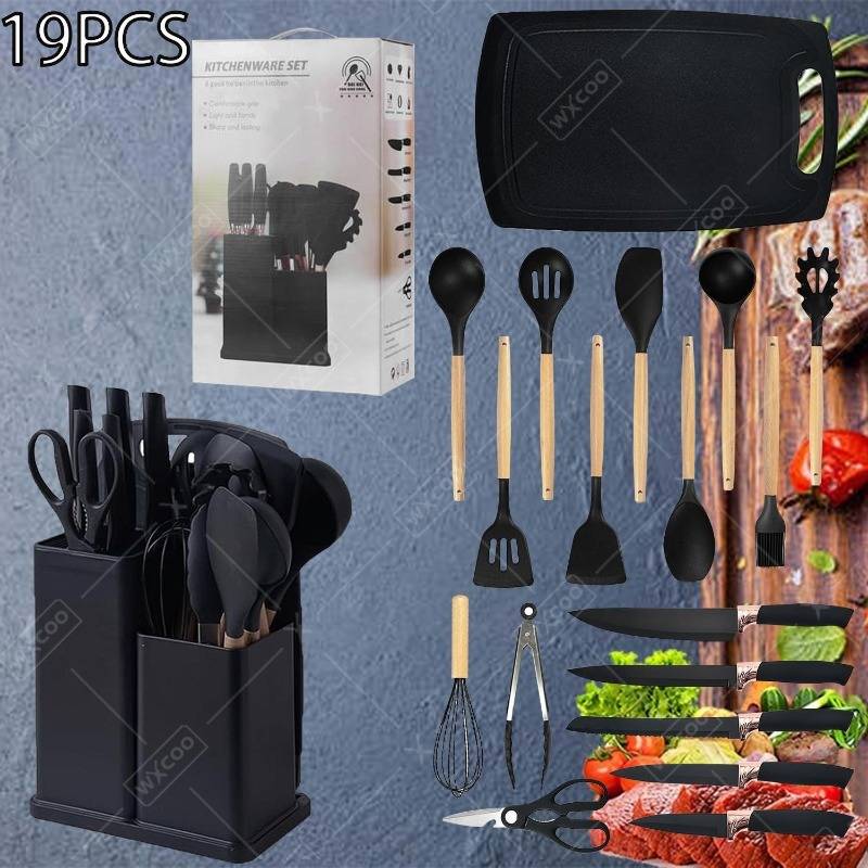 19PCS Professional Kitchen Knife Set Board Sharp Chef Slicing Knife Non Slip ABS Handles Scraper Scissors Steel Gift Box