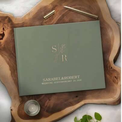 1 st anpassad gästbok för bröllop i minimalistisk stil, grön och vit personlig meddelandebok, hårdpärmsalbum med modern guldfolie, bröllopsminnesbok, - Multifärgad (24,3*18,4 cm,24,3*18,4 cm Grön)