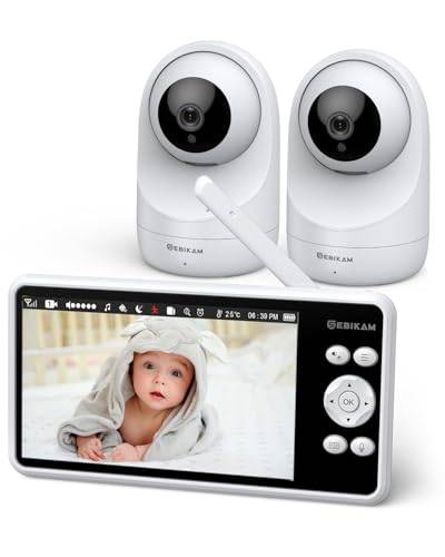 Sebikam Babymonitor med 2 kameror, 5" 720P HD IPS Video Baby Monitor, 4000mAh Batteri, PTZ 355°, Babyövervakare, VOX-läge, Nattseende, Tvåvägs Audio, Temperatur