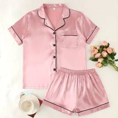 TEMU Solid Satin Pajamas Set, Short Sleeve Buttons Top & Shorts, Women's Sleepwear & Loungewear