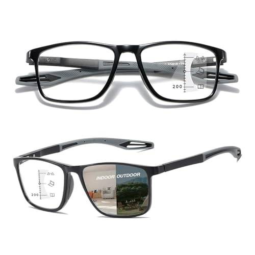 Progressiva multifokala fotokromatiska läsglasögon för män och kvinnor, sportig design, flexibla anti-blåljusläsare(Black/Grey,2.0 x)
