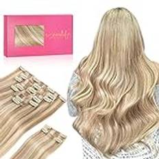 WENNALIFE Clip In Extensions äkta hår, 150 g, 60 cm, 9 st smutsiga, blonda, blekningsblonda, clips, hårförlängningar, clips, hårförlängning, äkta hår